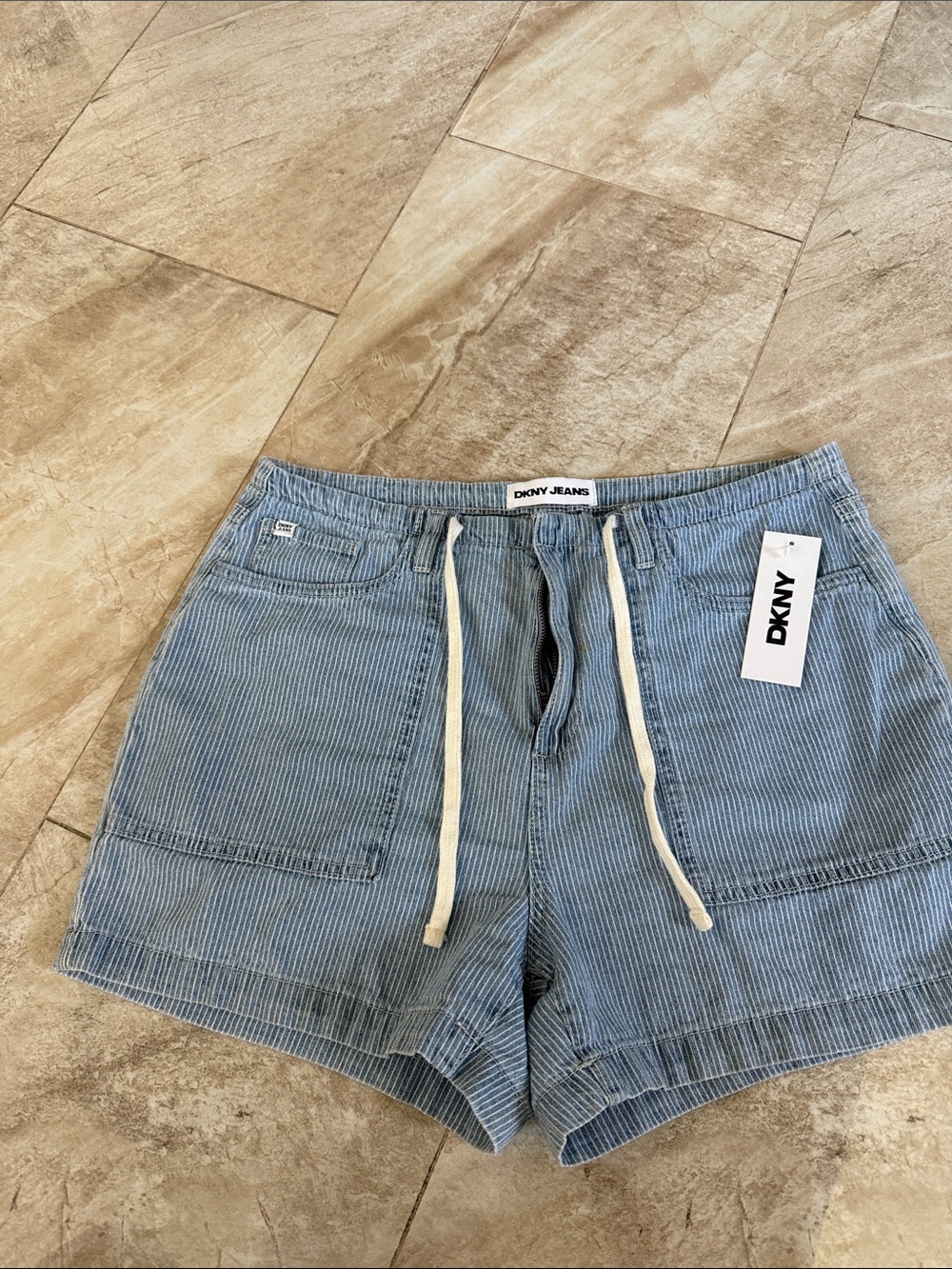 DKNY Light Blue Striped Corduroy Drawstring Shorts